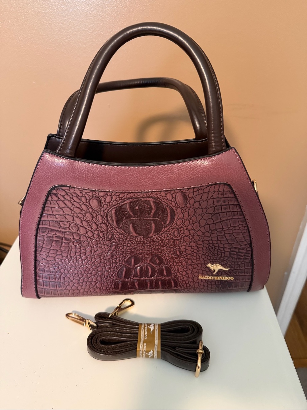 Burgundy Croc-Embossed Satchel with Dark Brown Trim